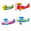 Set of airplanes aircraft different colour. Retro, personal, speed, biplane, monoplane. Vector isolated cartoon style