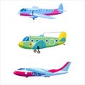 Set of airplanes aircraft different colour. Retro, personal, cargo, speed, monoplane. Vector isolated cartoon style