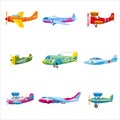 Set of airplanes aircraft different colour. Retro, personal, cargo, speed, biplane, monoplane. Vector isolated cartoon