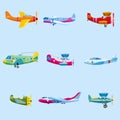 Set of airplanes aircraft different colour. Retro, personal, cargo, speed, biplane, monoplane. Vector isolated cartoon