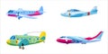 Set of airplanes aircraft different colour. Retro, personal, cargo, speed, monoplane. Vector isolated cartoon style