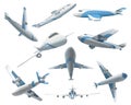 Set of airplanes in different positions for commercial aviation fleet. Aircraft transport. Civil aircraft journey and