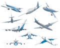 Set of airplanes in different positions for commercial aviation fleet. Aircraft transport. Civil aircraft journey and