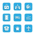 Set Airport bus, Trolley for food, Plane, takeoff, Pilot hat, runway, Jet engine turbine and Suitcase icon. Vector