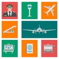 Set of airport flat icons, signs and symbol. Vector Illustration Royalty Free Stock Photo