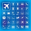 Set of Airport icons or Signs ,white pictograms isolated on blue Royalty Free Stock Photo