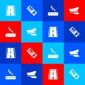 Set Airport runway, Airline ticket, Plane landing and Pilot hat icon. Vector Royalty Free Stock Photo