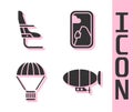 Set Airship, Airplane seat, Box flying on parachute and Airplane window icon. Vector Royalty Free Stock Photo
