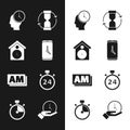 Set Alarm clock app mobile, Retro wall watch, Time Management, Old hourglass, Clock AM, Stopwatch 24 hours, and icon Royalty Free Stock Photo