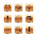 Set Alarm clock, Clock 24 hours, Magnifying glass with, Old hourglass, Location, and Time Management icon. Vector Royalty Free Stock Photo