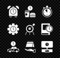 Set Alarm clock, Fast food time, Stopwatch, Time travel, Calendar, Smart Tv, Management and Target sport icon. Vector Royalty Free Stock Photo