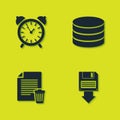Set Alarm clock, Floppy disk backup, Delete file document and Database icon. Vector Royalty Free Stock Photo