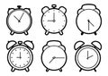 Set of alarm clock icons, black outline design. Vector