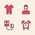 Set Alarm clock, Sport track suit, Positive thinking and Blood pressure icon. Vector