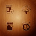Set Alarm clock, Vitamin pill, Glass with water and Lotus flower on wooden background. Vector