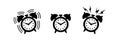 Set of alarm clocks. Wake up illustration. Time. Black and white vector icon, shape, label, symbol or pictogram. Set of