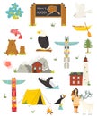 Set of Alaska colorful symbols, landmarks, animals