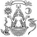 Set of alchemical symbols: young beautiful woman holds sun and moon in hand. Eve`s image, fertility, temptation. Royalty Free Stock Photo