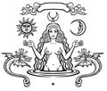Set of alchemical symbols: young beautiful woman holds sun and moon in hand. Eve`s image, fertility, temptation.