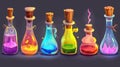 A set of alchemist apothecary vials, potion bottles with magic elixir, cartoon flasks with glowing liquid and corkwood Royalty Free Stock Photo