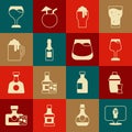 Set Alcohol or beer bar location, Cocktail shaker, Wine glass, Glass of, Champagne bottle, Wooden mug, and whiskey icon Royalty Free Stock Photo