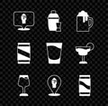 Set Alcohol or beer bar location, Cocktail shaker, Wooden mug, Wine glass, Beer can, and Shot icon. Vector Royalty Free Stock Photo