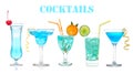 Set of alcohol cocktails Blue Hawaiian, Martini, Cosmopolitan Royalty Free Stock Photo