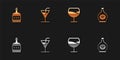 Set Alcohol drink Rum bottle, Cocktail, Wine glass and Bottle of cognac or brandy icon. Vector Royalty Free Stock Photo