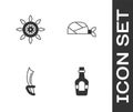 Set Alcohol drink Rum, Ship steering wheel, Pirate sword and bandana for head icon. Vector Royalty Free Stock Photo