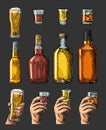 Set alcohol drinks with bottle, glass and hand holding beer, whiskey, tequila