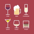 Set: alcohol drinks. Several kinds of glasses. Wine, beer, champagne, martini and cognac. Vector illustration, flat design