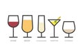 Set: alcohol drinks. Several kinds of glasses. Wine, beer, champagne, martini and cognac. Vector illustration, flat design