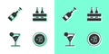 Set Alcohol 18 plus, Opened bottle of wine, Martini glass and Pack beer bottles icon. Vector