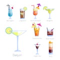 Set of alcoholic cocktails fruit cold drinks tropical cosmopolitan freshness collection and party alcohol sweet Royalty Free Stock Photo