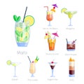 Set of alcoholic cocktails isolated fruit cold drinks tropical cosmopolitan freshness collection and party alcohol sweet Royalty Free Stock Photo