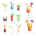 Set of alcoholic cocktails isolated fruit cold drinks tropical cosmopolitan freshness collection and party alcohol sweet Royalty Free Stock Photo