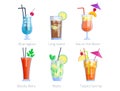 Set of alcoholic cocktails isolated fruit cold drinks tropical cosmopolitan freshness collection and party alcohol sweet Royalty Free Stock Photo