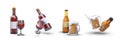 Set of alcoholic drinks icons. Red wine in bottle and glass. Bottled beer, mug with foamy drink Royalty Free Stock Photo