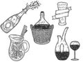 Set of alcoholic drinks. Sketch scratch board imitation. Black and white. Royalty Free Stock Photo