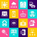 Set Algorithm, Server, Data, Artificial intelligence robot, Neural network, Mobile phone, and icon. Vector Royalty Free Stock Photo