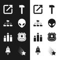 Set Alien, Folder tree, Open in new window, Hammer, Ranking star and Police badge icon. Vector