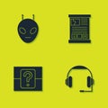 Set Alien, Headphones, Mystery or random box and Game guide icon. Vector