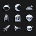 Set Alien, Ray gun, Planet, Rocket ship with fire, Robot, flag and Astronaut helmet icon. Vector