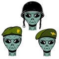 Set of alien soldier in battle helmet and paratrooper beret. Design element for logo, label, emblem, sign, poster, t shirt. Royalty Free Stock Photo