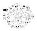 Set of alien and ufo icon, hand drawn illustration