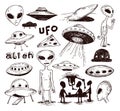 Set of alien and ufo icon, hand drawn vector illustration Royalty Free Stock Photo