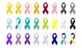 Set of all cancer ribbons, Cancer awareness ribbons. Flat vector illustration. Royalty Free Stock Photo