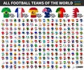 Set of all national football or soccer team jersey of world . Nation flag mix with clothes style . Vector elements for sport cup i