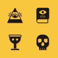 Set All-seeing eye of God, Skull, Medieval goblet and Ancient magic book icon with long shadow. Vector