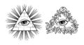 Set All seeing eye, pyramid, light and roses Royalty Free Stock Photo